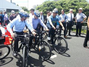 Transport Minister Simon Bridges, Mayor Len Brown and NZTA CEO, Geoff Dangerfield